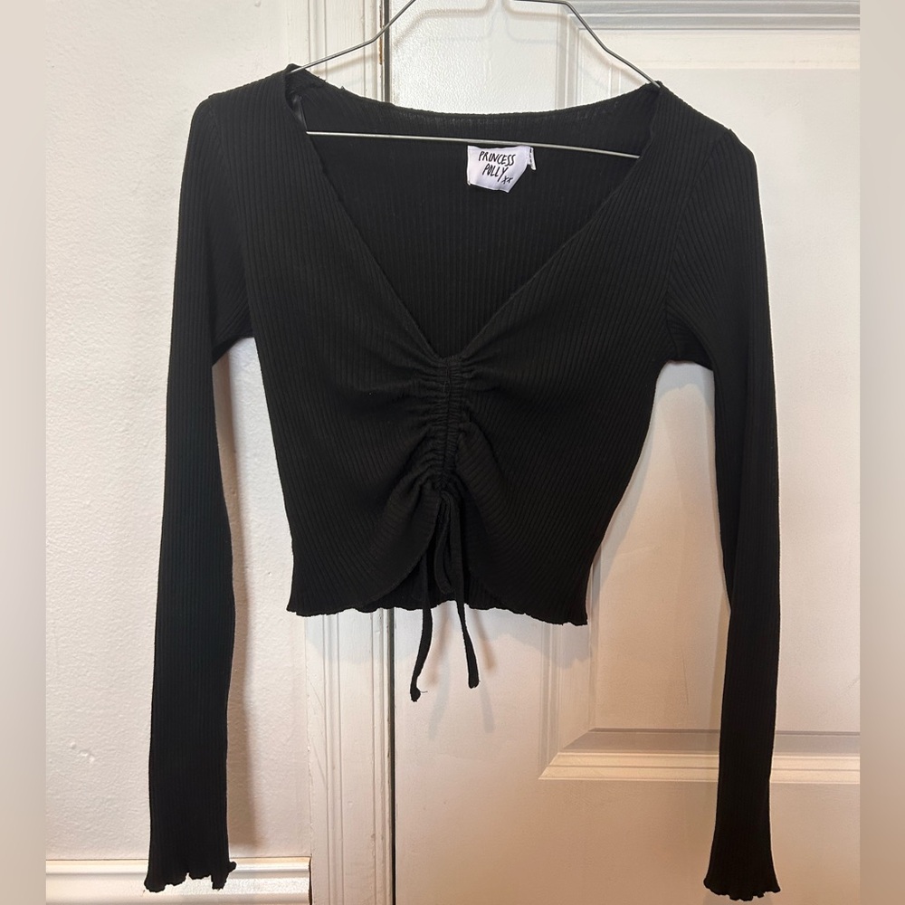 Princess Polly Y2K Black Cinched Long Sleeve Crop Top Size Medium (10)